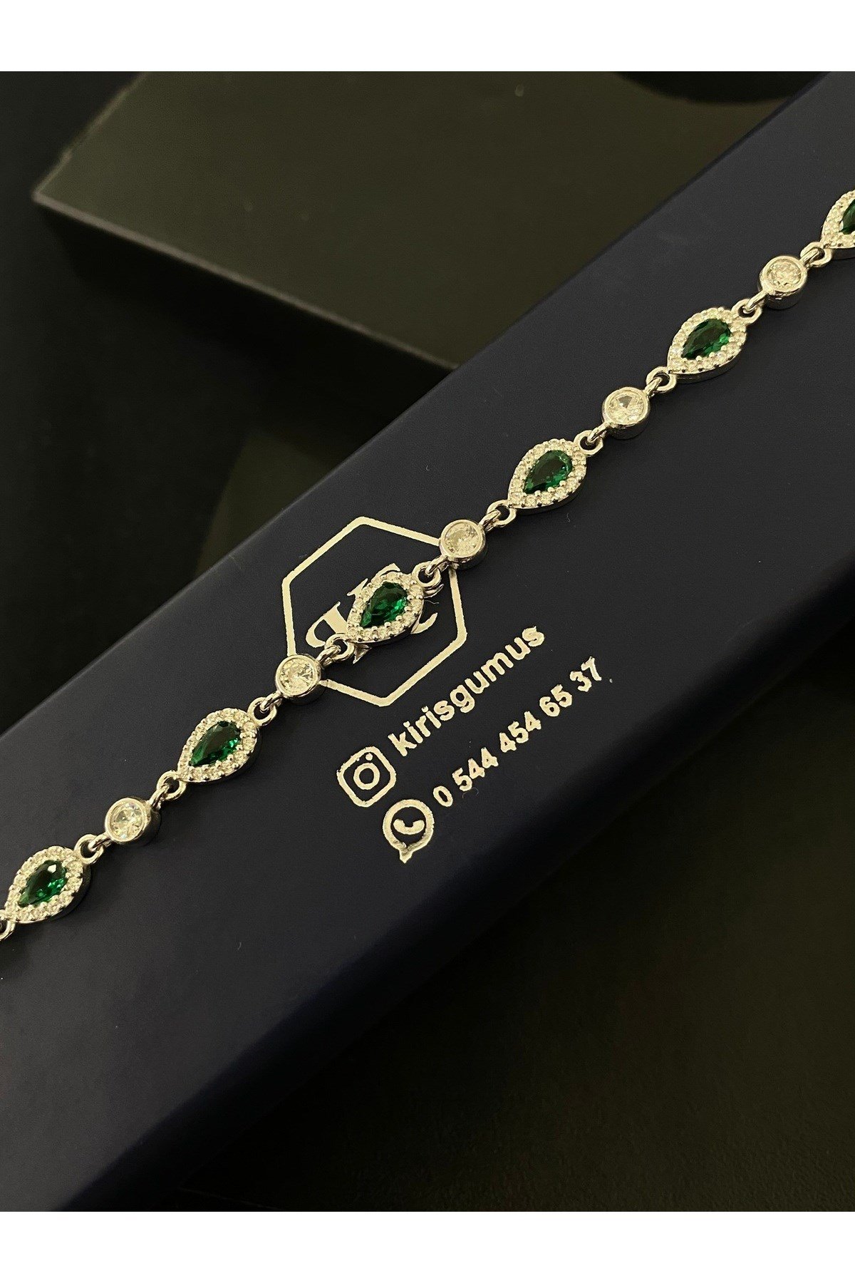 925 Ayar Gümüş Tamtur Yeşil Damla Kadın Gümüş Bileklik (17+3CM)