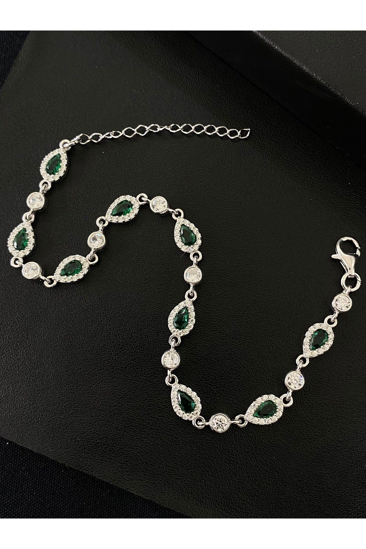 925 Ayar Gümüş Tamtur Yeşil Damla Kadın Gümüş Bileklik (17+3CM)