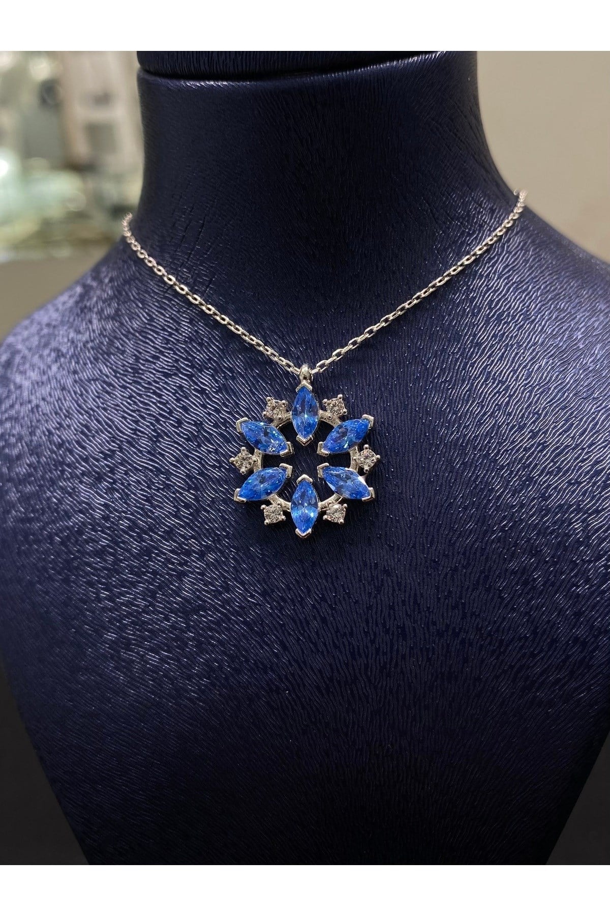925 Ayar Gümüş Turkuaz Çiçek Kadın Gümüş Kolye (40+5cm) (Kiriş Gümüş Kolye Model3)