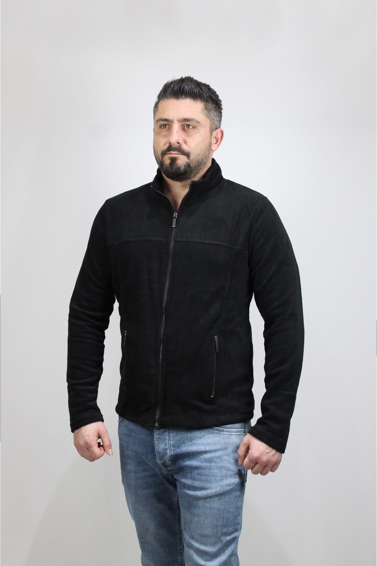 Erkek Siyah Fermuarlı Cepli Polar Ceket