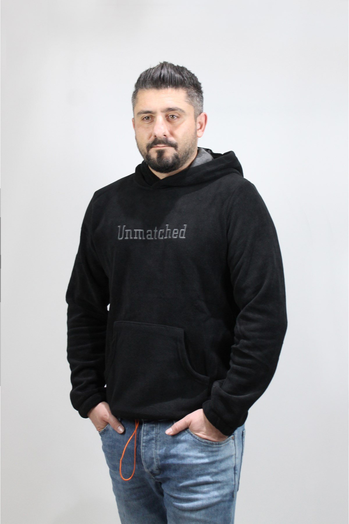 Erkek Siyah Kapüşonlu Polar Sweatshirt