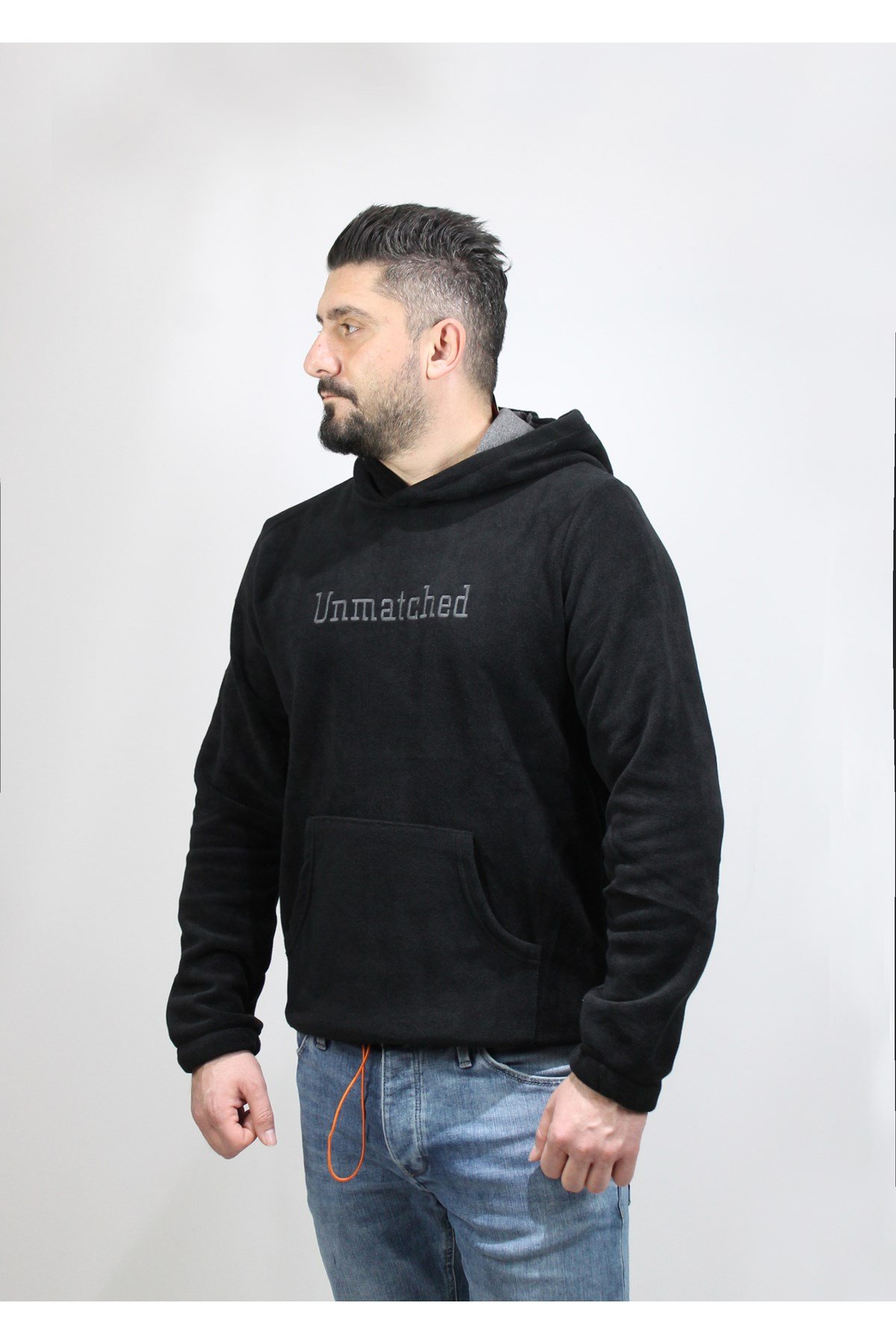 Erkek Siyah Kapüşonlu Polar Sweatshirt