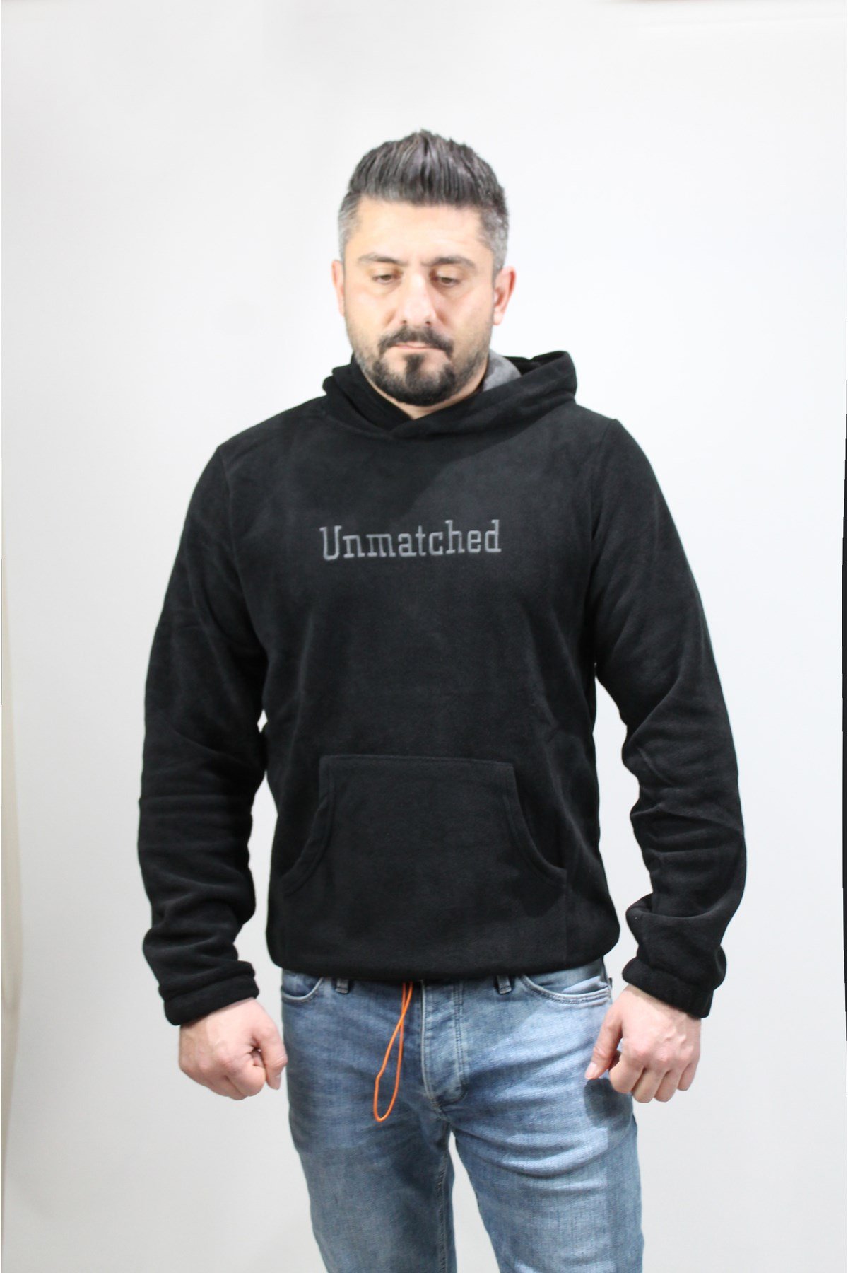 Erkek Siyah Kapüşonlu Polar Sweatshirt