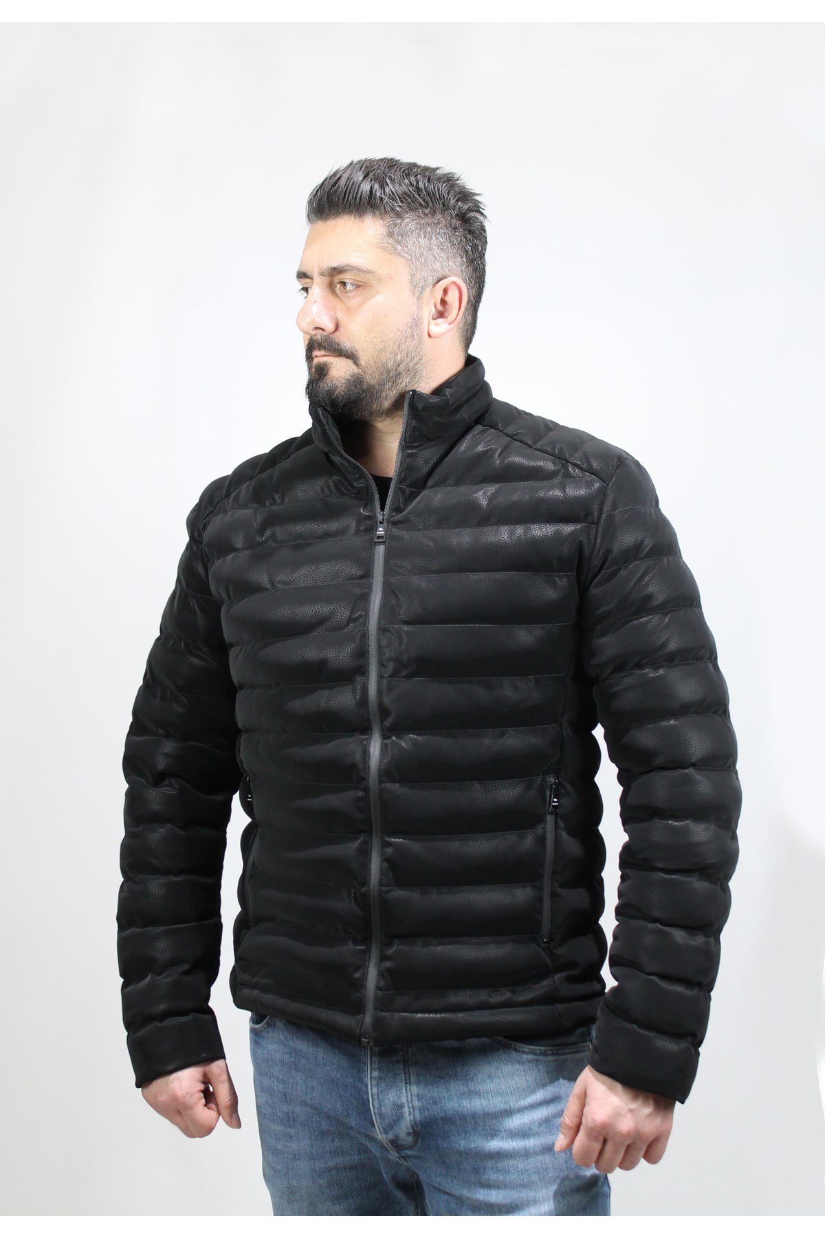 Erkek Siyah Şişme Deri Mont