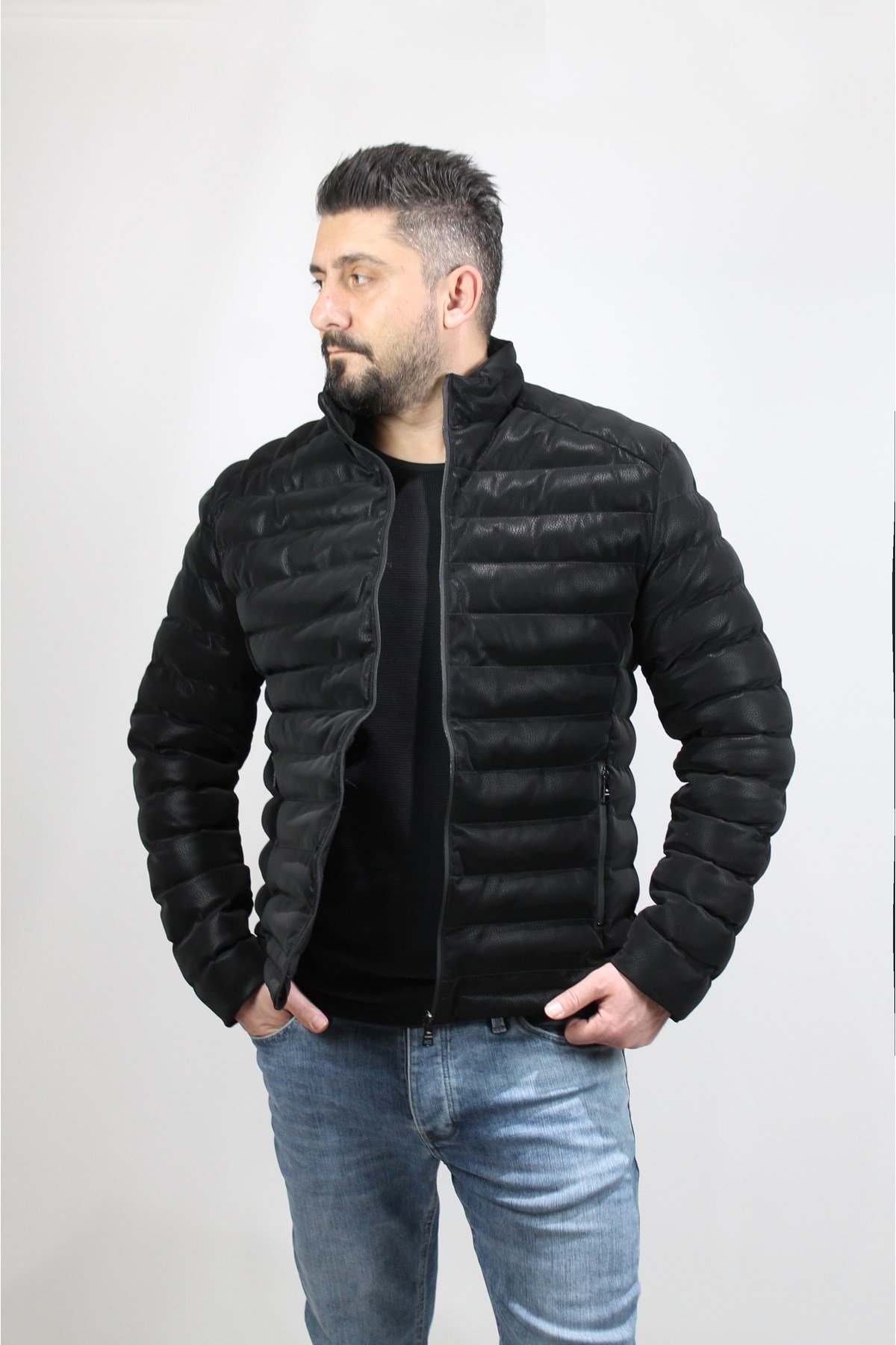 Erkek Siyah Şişme Deri Mont
