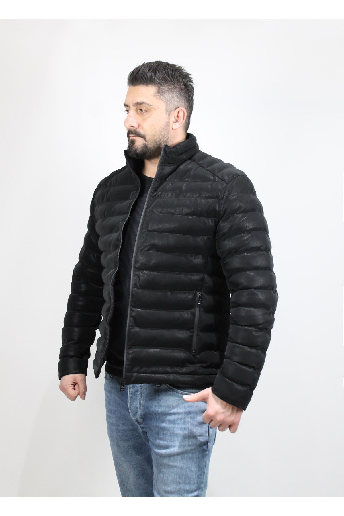 Erkek Siyah Şişme Deri Mont