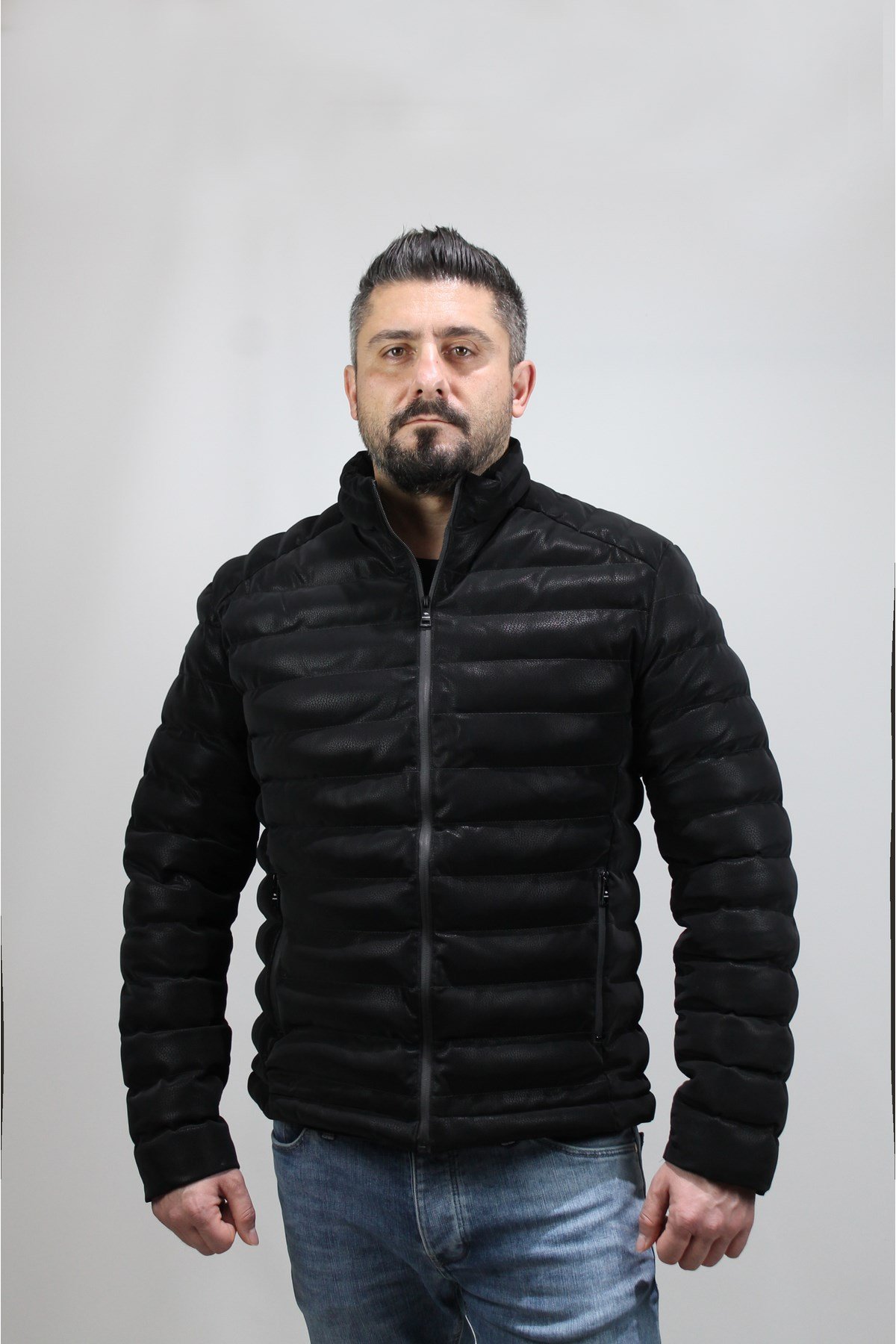 Erkek Siyah Şişme Deri Mont