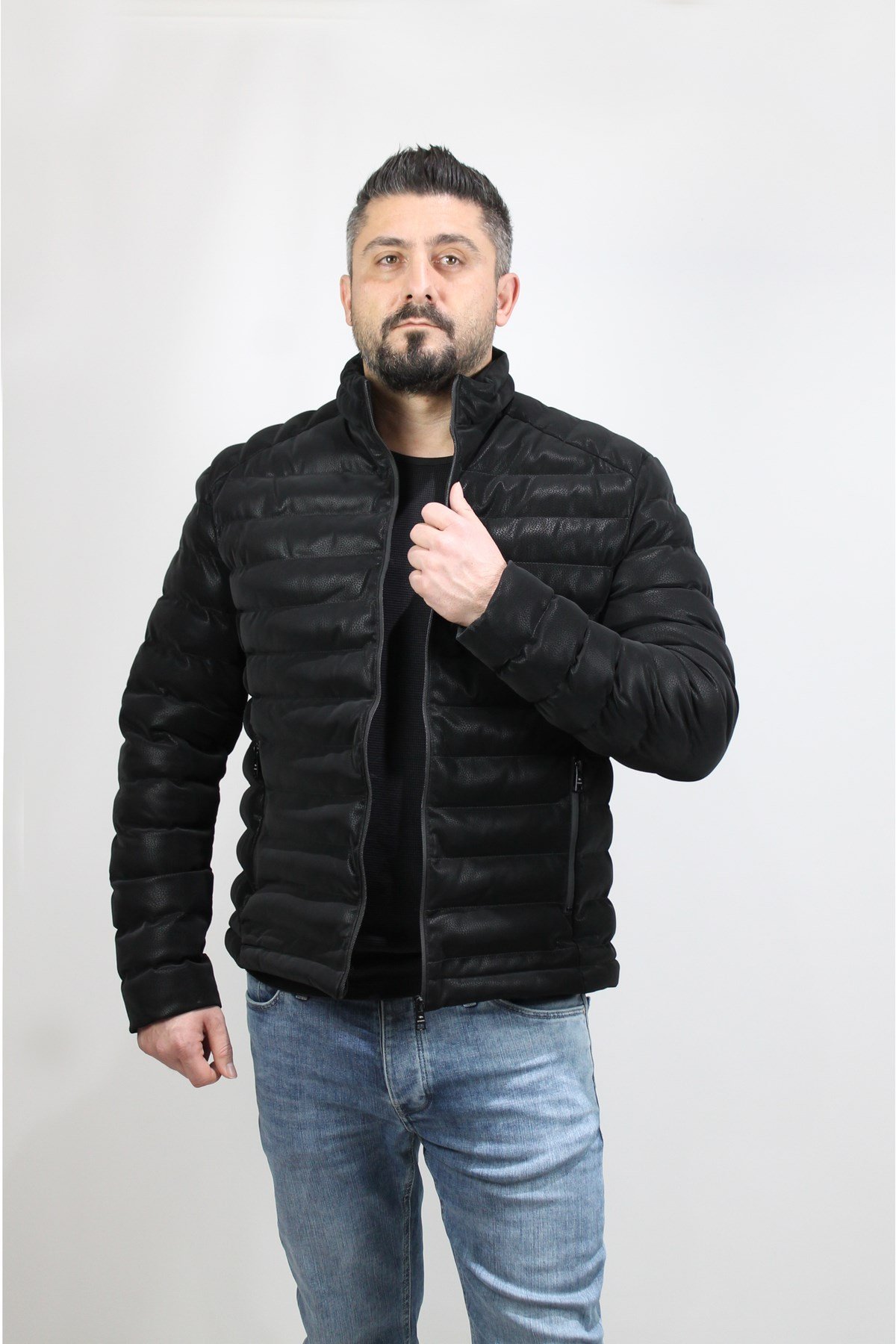 Erkek Siyah Şişme Deri Mont