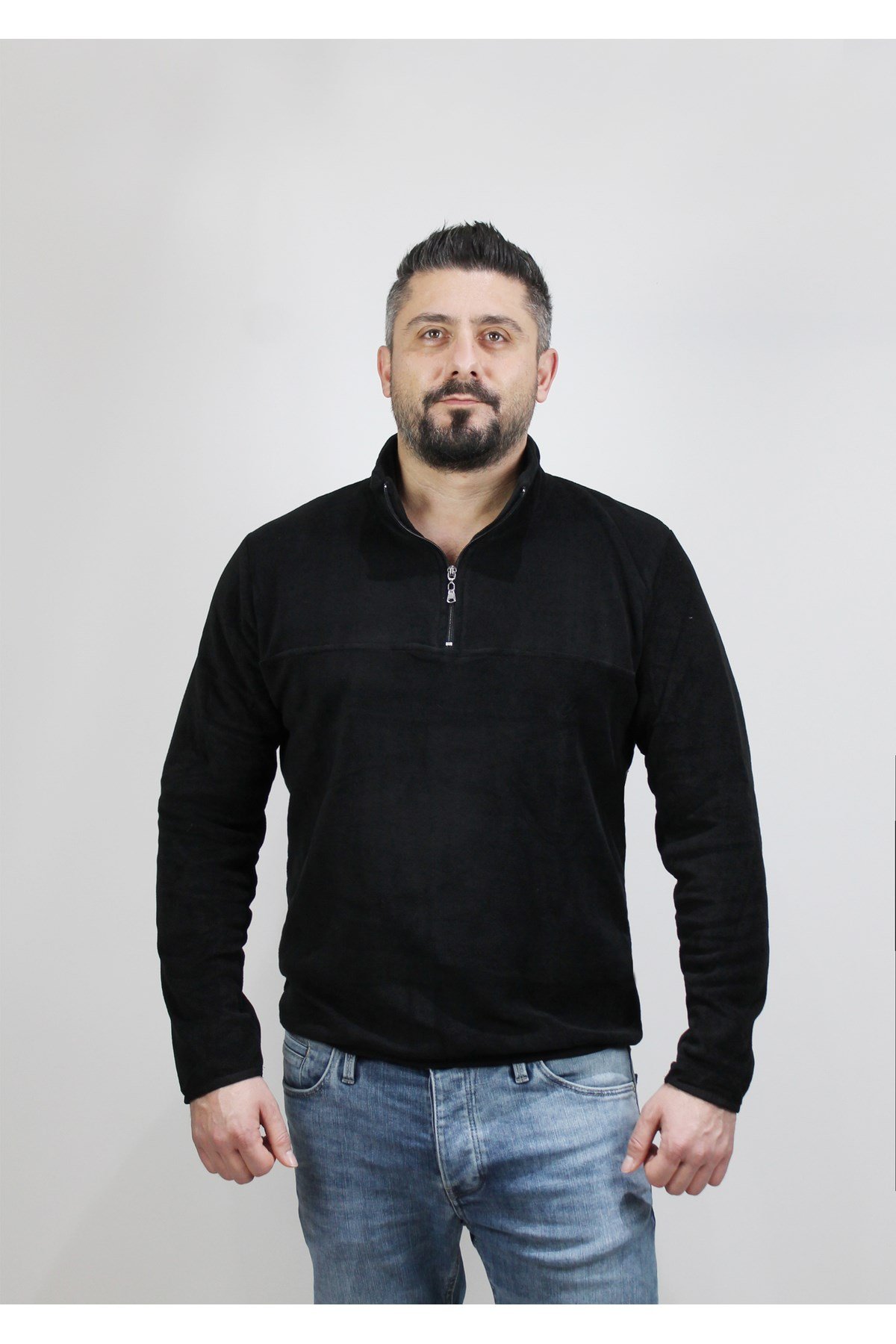 Erkek Yarım Fermuarlı Siyah Polar
