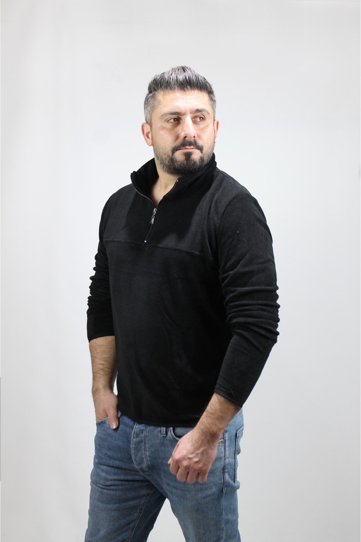 Erkek Yarım Fermuarlı Siyah Polar