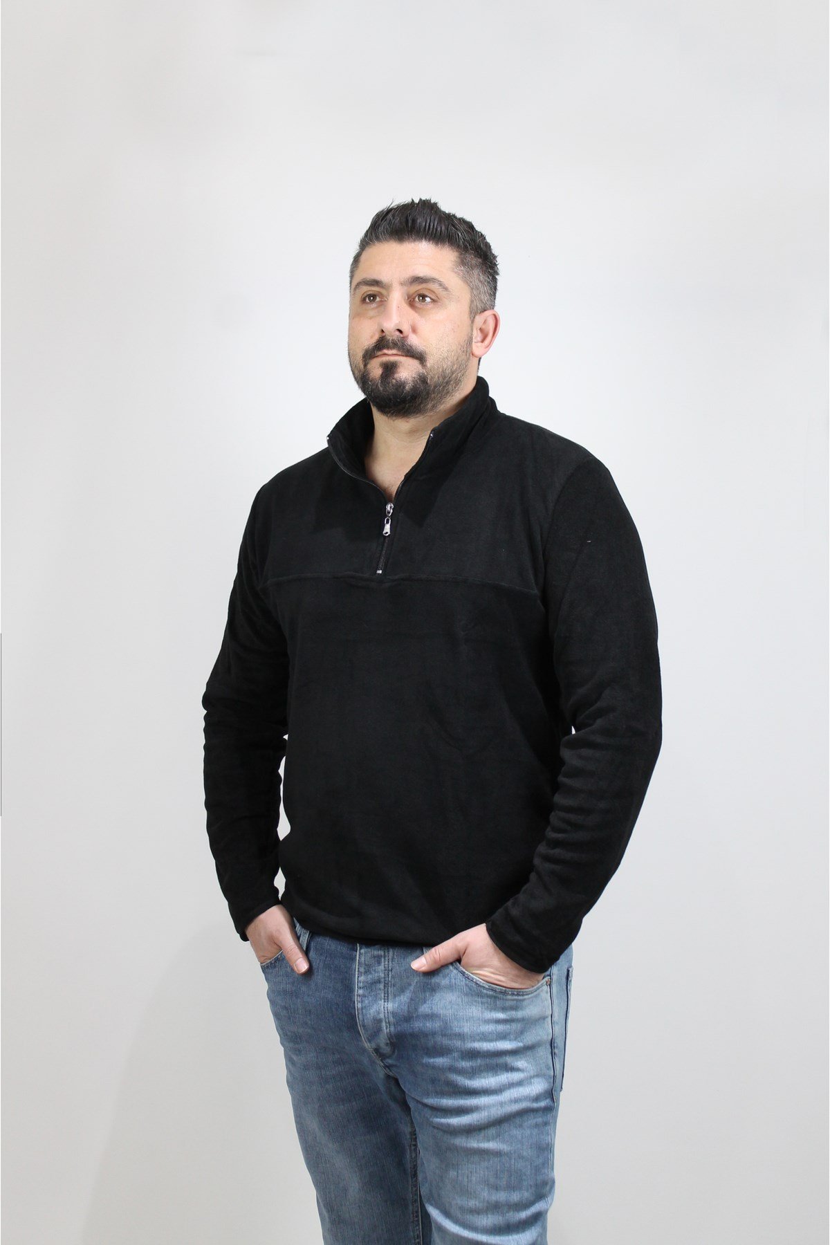 Erkek Yarım Fermuarlı Siyah Polar