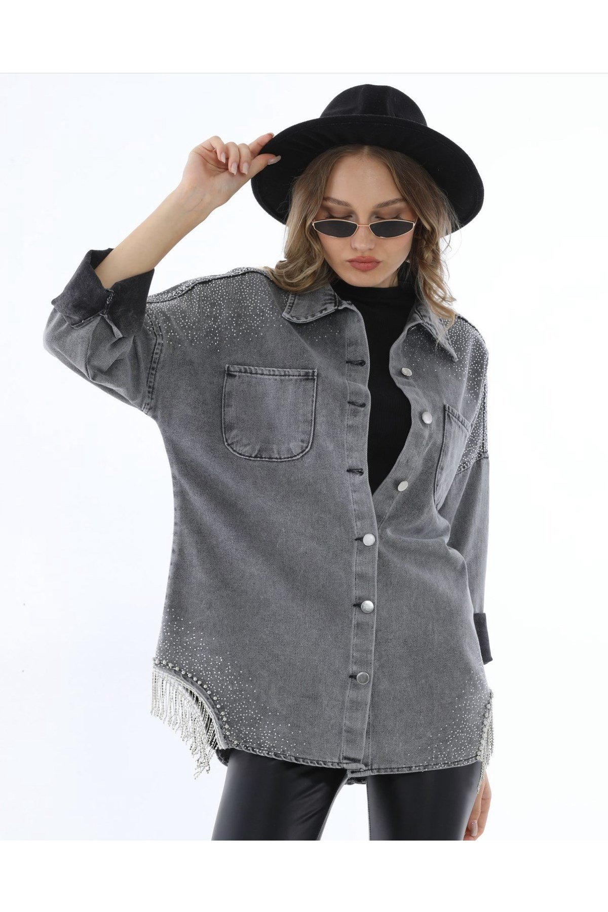 Oversize Taşlı Kot Gömlek