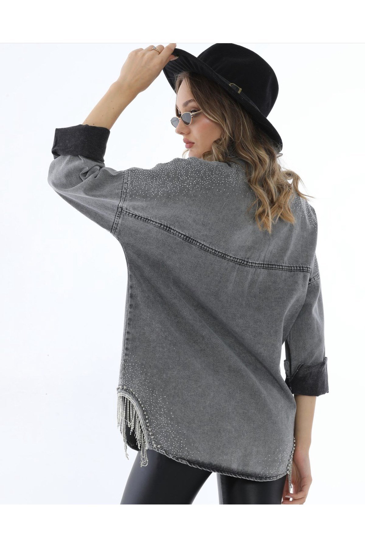 Oversize Taşlı Kot Gömlek