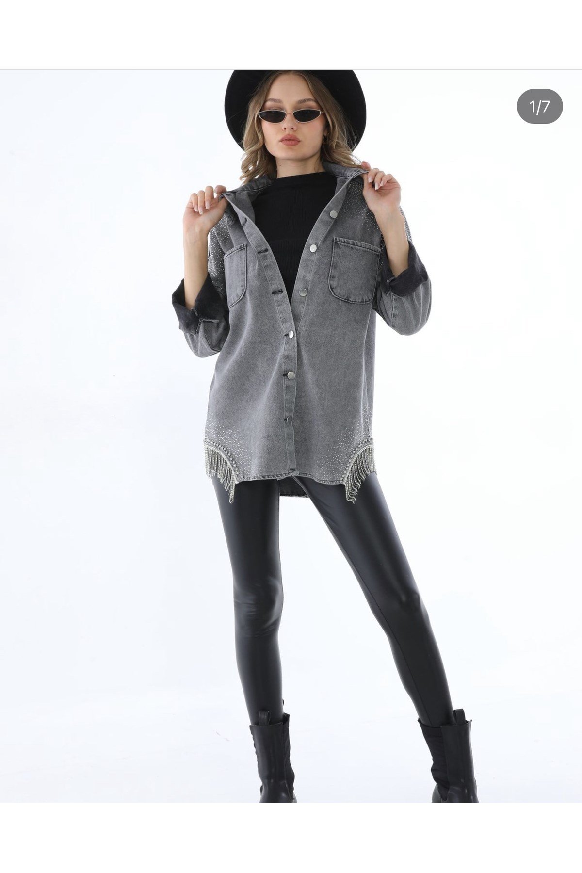 Oversize Taşlı Kot Gömlek