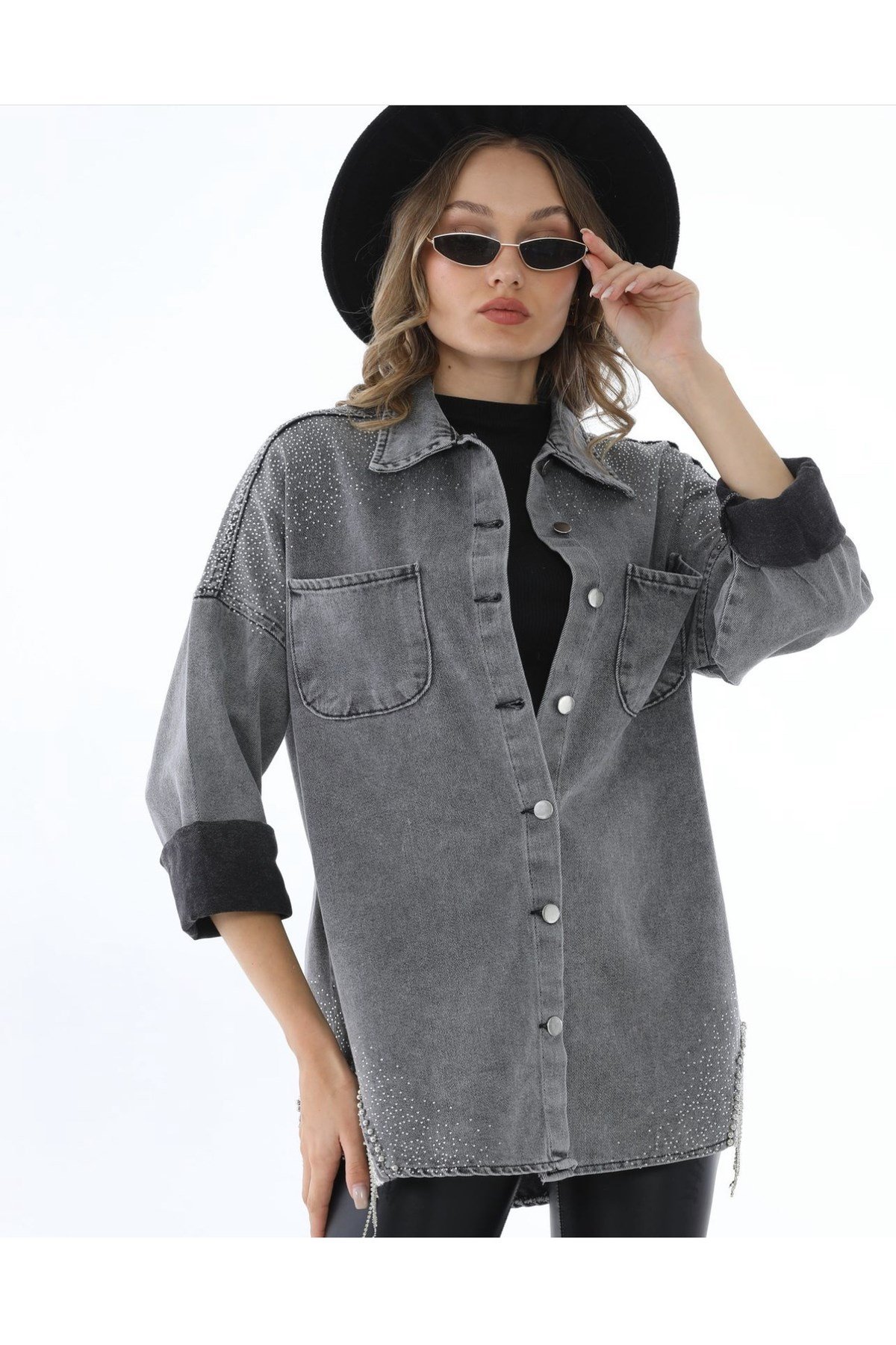 Oversize Taşlı Kot Gömlek