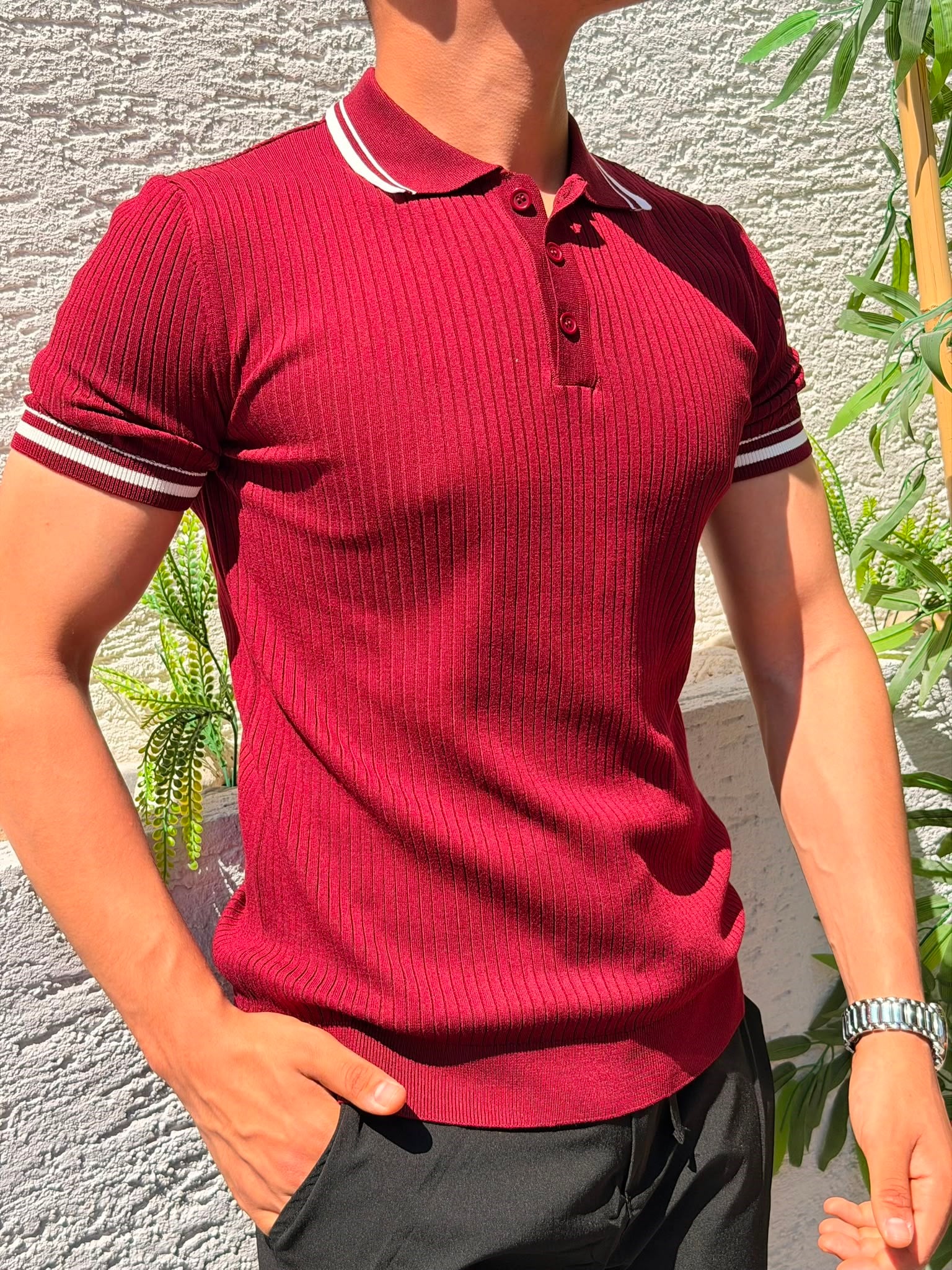 BORDO GİESTO ÇİZGİLİ POLO YAKA TİŞÖRT