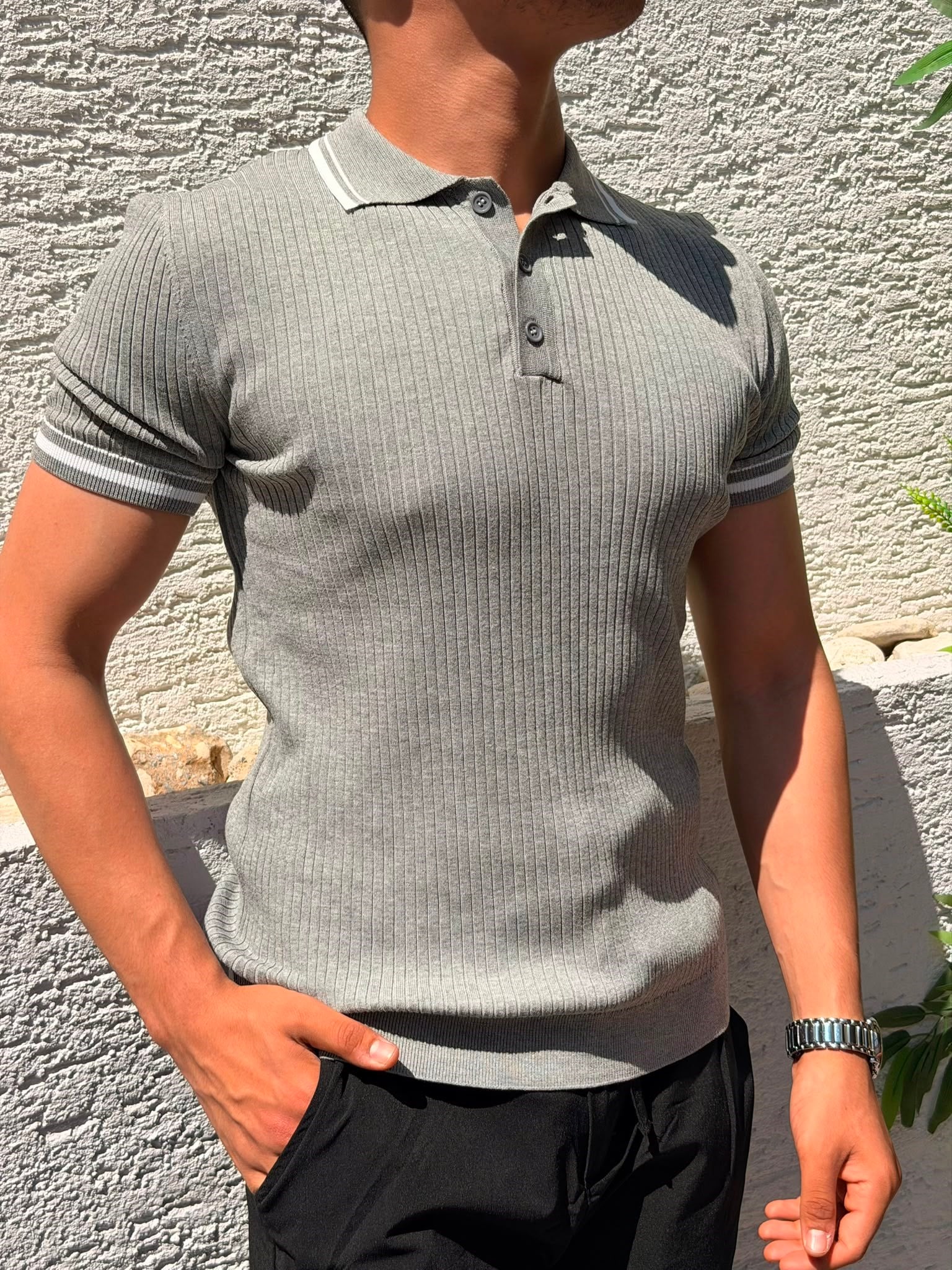 GRİ GİESTO ÇİZGİLİ POLO YAKA TİŞÖRT