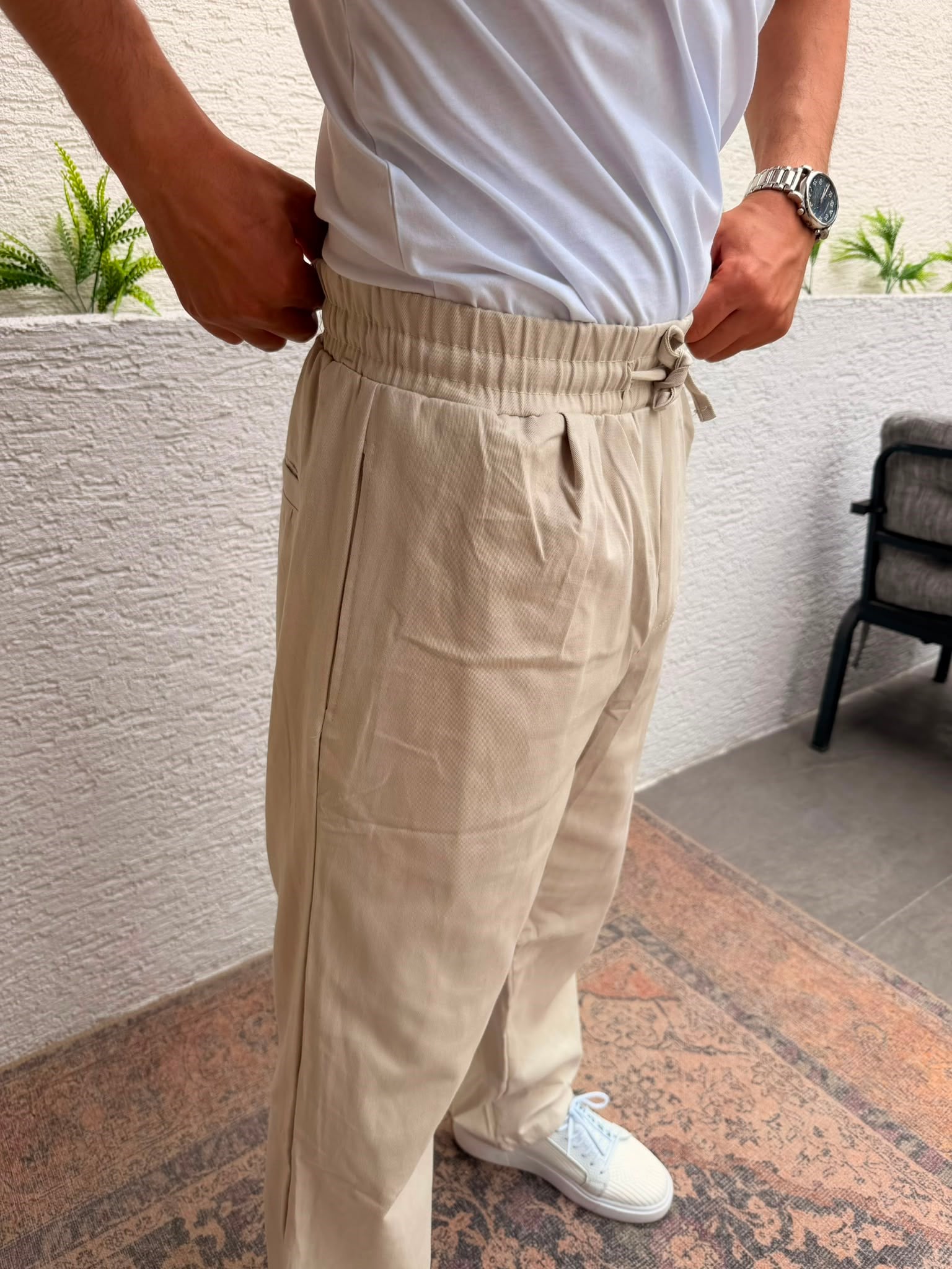 KREM VNC BAGGY PAÇA BAĞLAMALI BEL LASTİKLİ PANTOLON