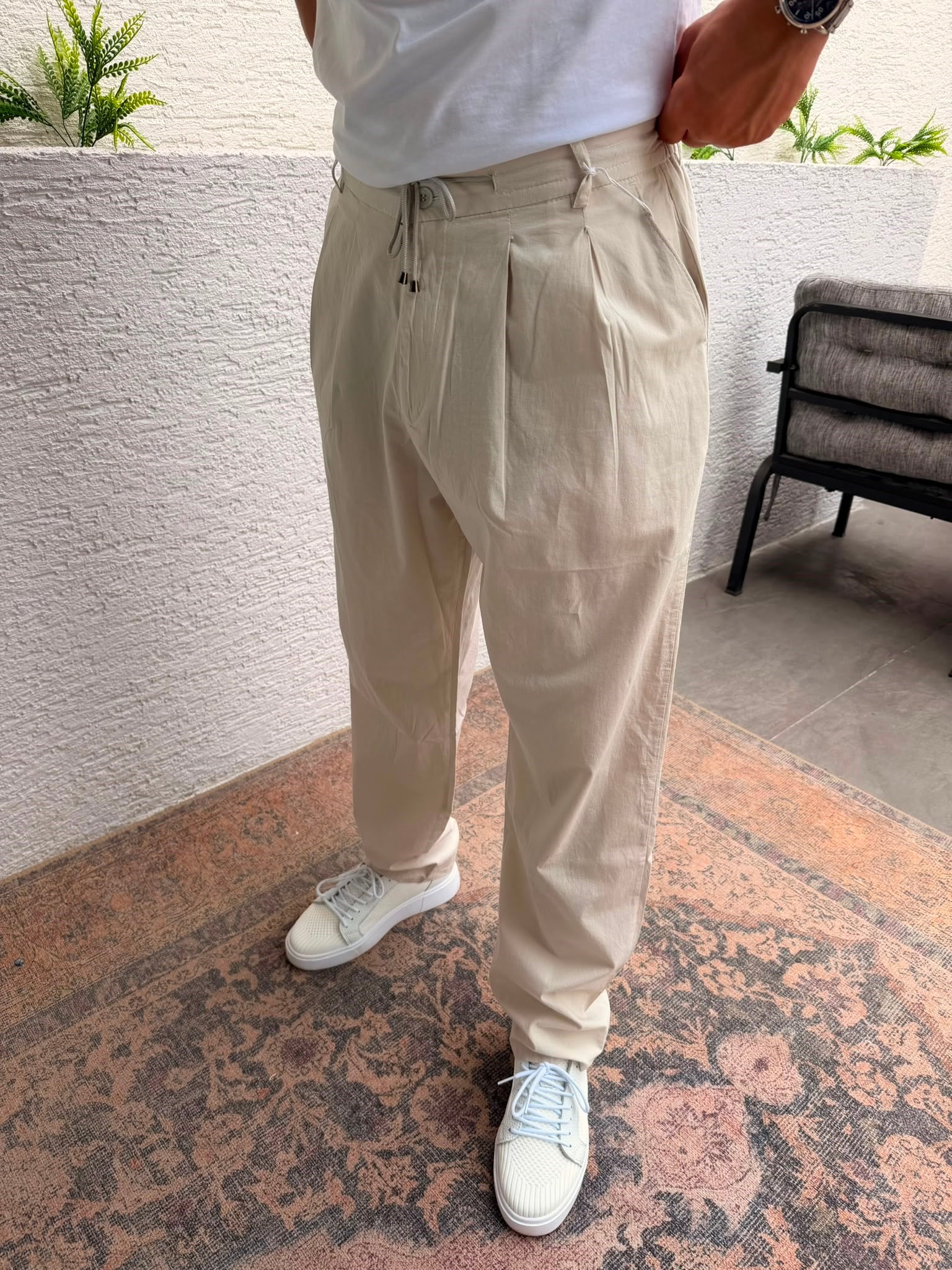 KREM WE11 BAGGY PERDE DESENLİ İP BAĞLAMALI KUMAŞ PANTOLON
