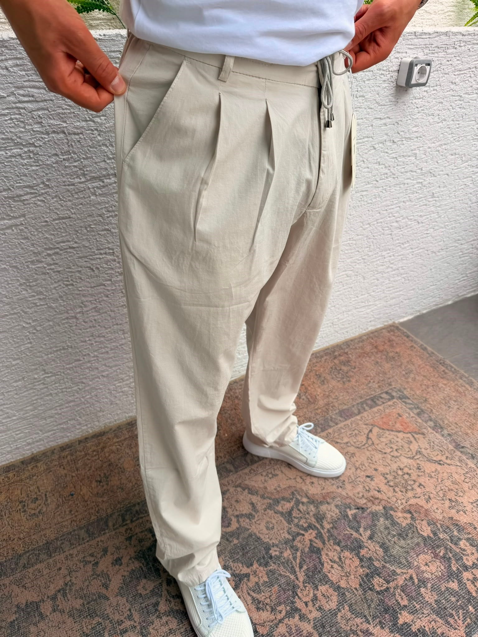 KREM WE11 BAGGY PERDE DESENLİ İP BAĞLAMALI KUMAŞ PANTOLON