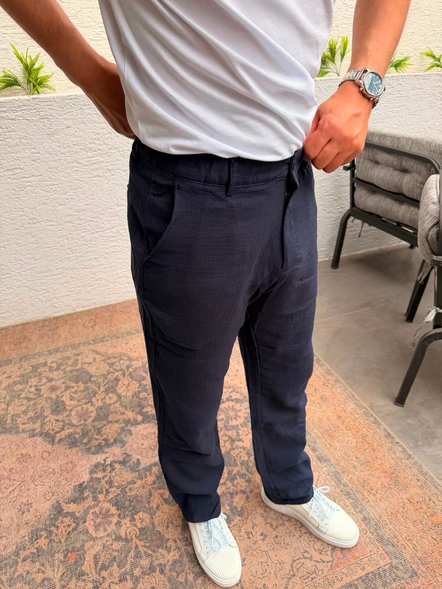 LACİVERT WE11 BAGGY KENDİNDEN DESENLİ LİKRALI KUMAŞ PANTOLON