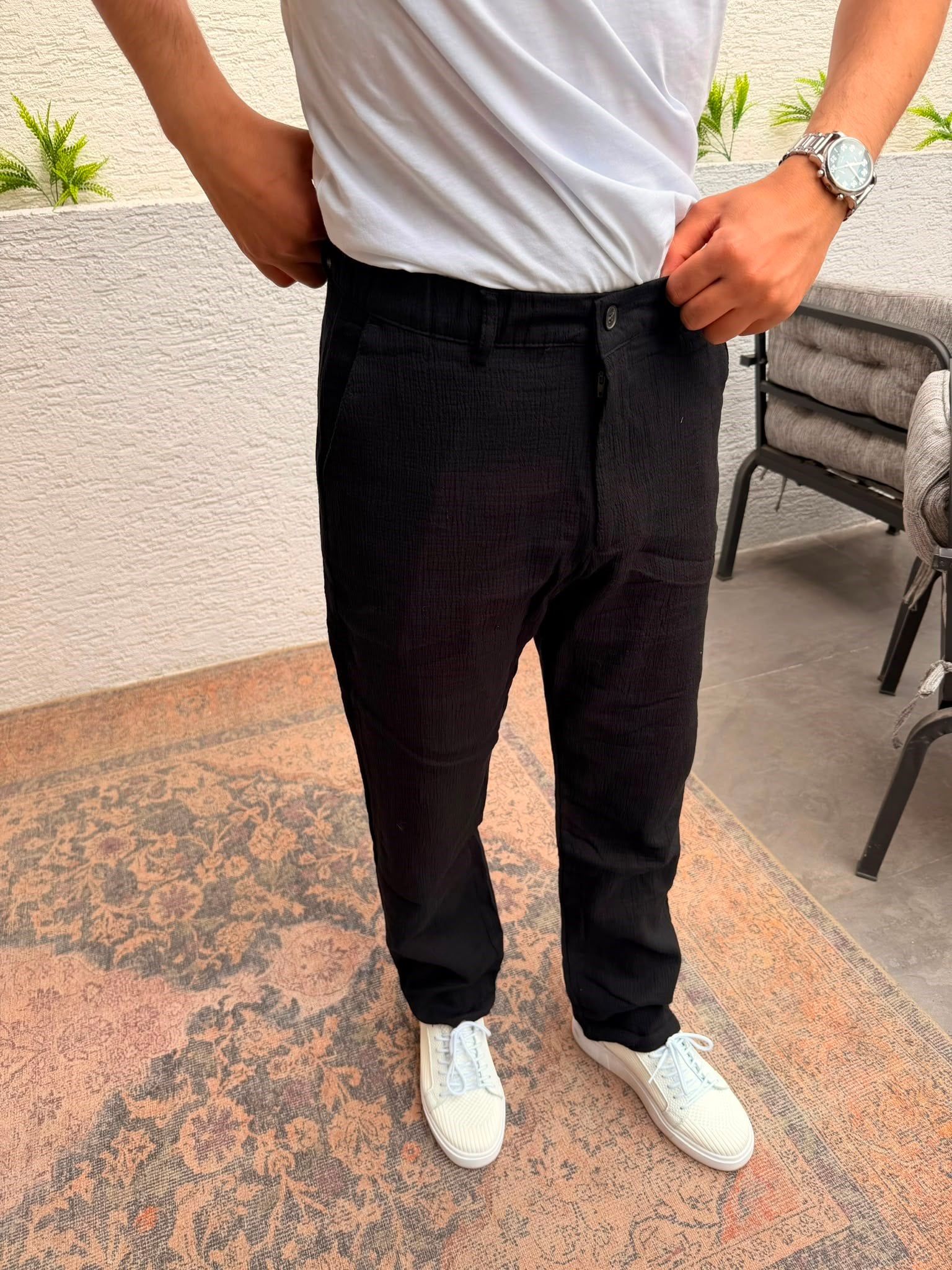 SİYAH WE11 BAGGY KENDİNDEN DESENLİ LİKRALI KUMAŞ PANTOLON