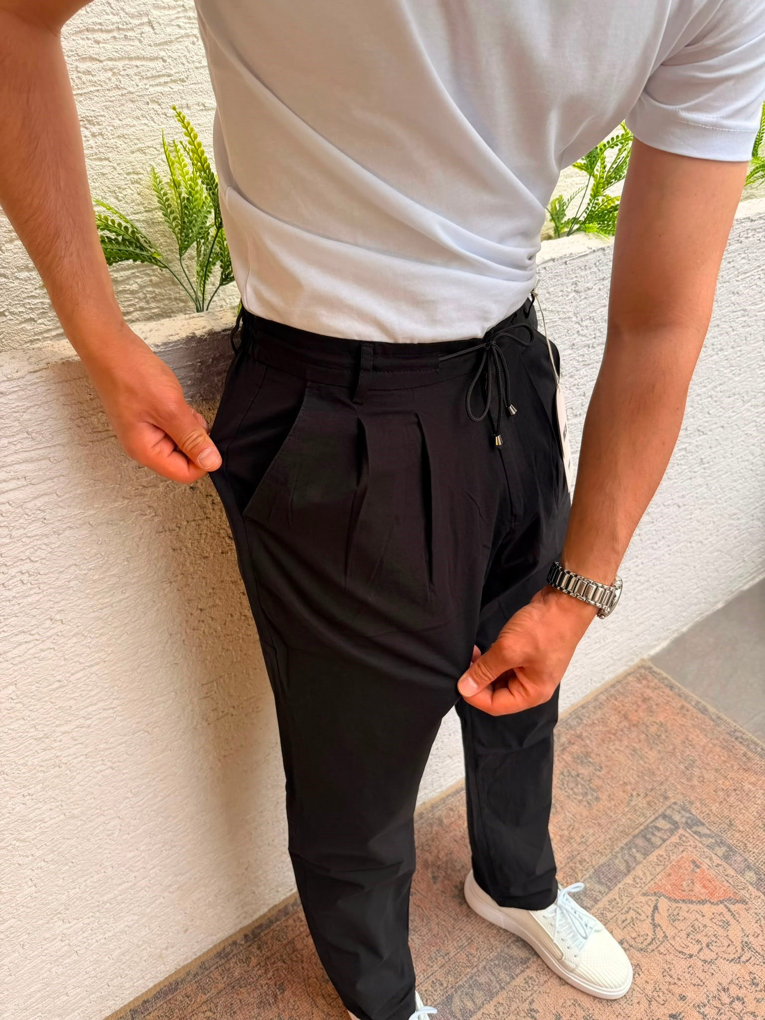 SİYAH WE11 BAGGY PERDE DESENLİ İP BAĞLAMALI KUMAŞ PANTOLON