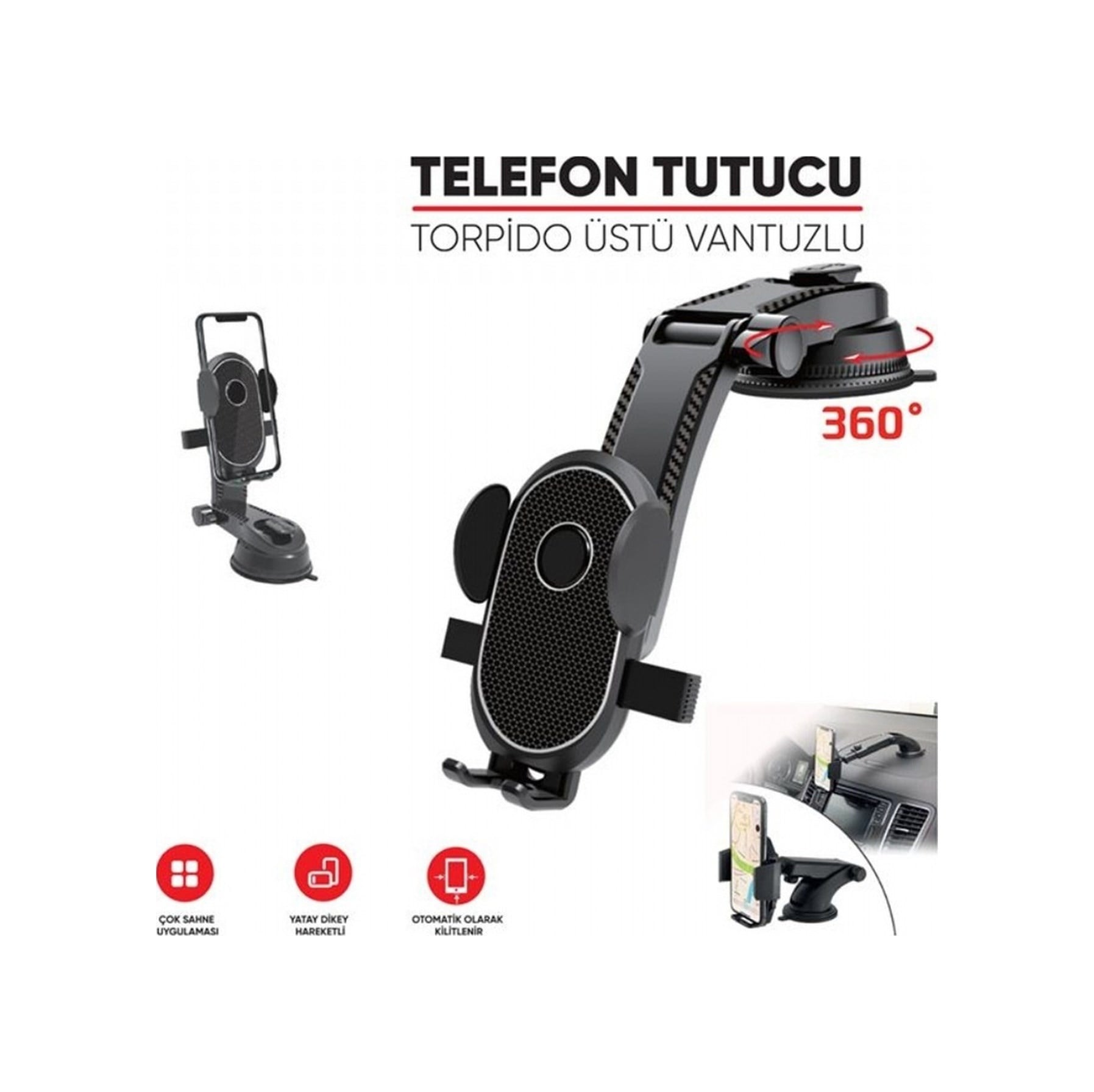 Carub Telefon Tutucu Ayarlı Carbon Torpido Üstü Vantuzlu Siyah