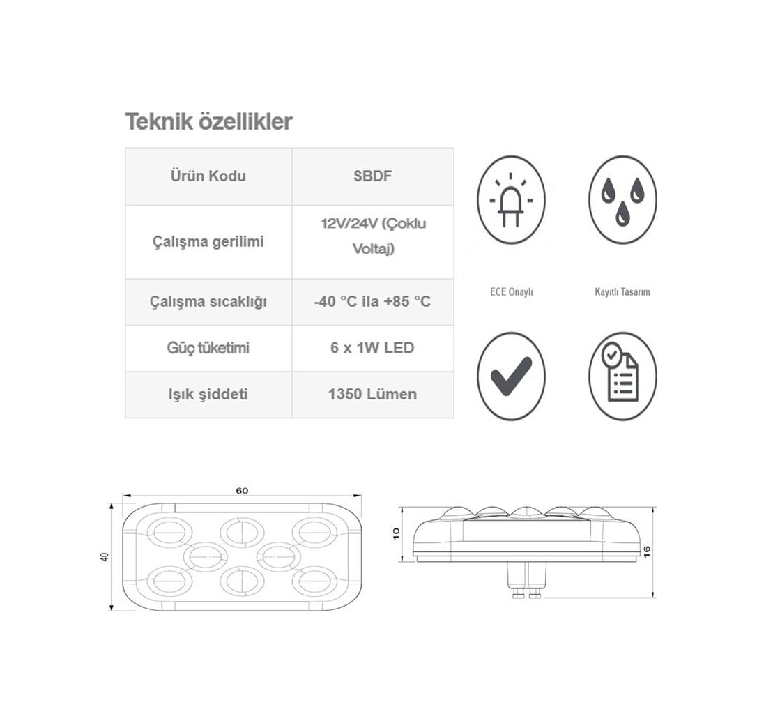 Sanel Animasyonlu 12 - 24V Universal Kare 6 Led Dış Mekan Uyumlu Mavi SBDF6B