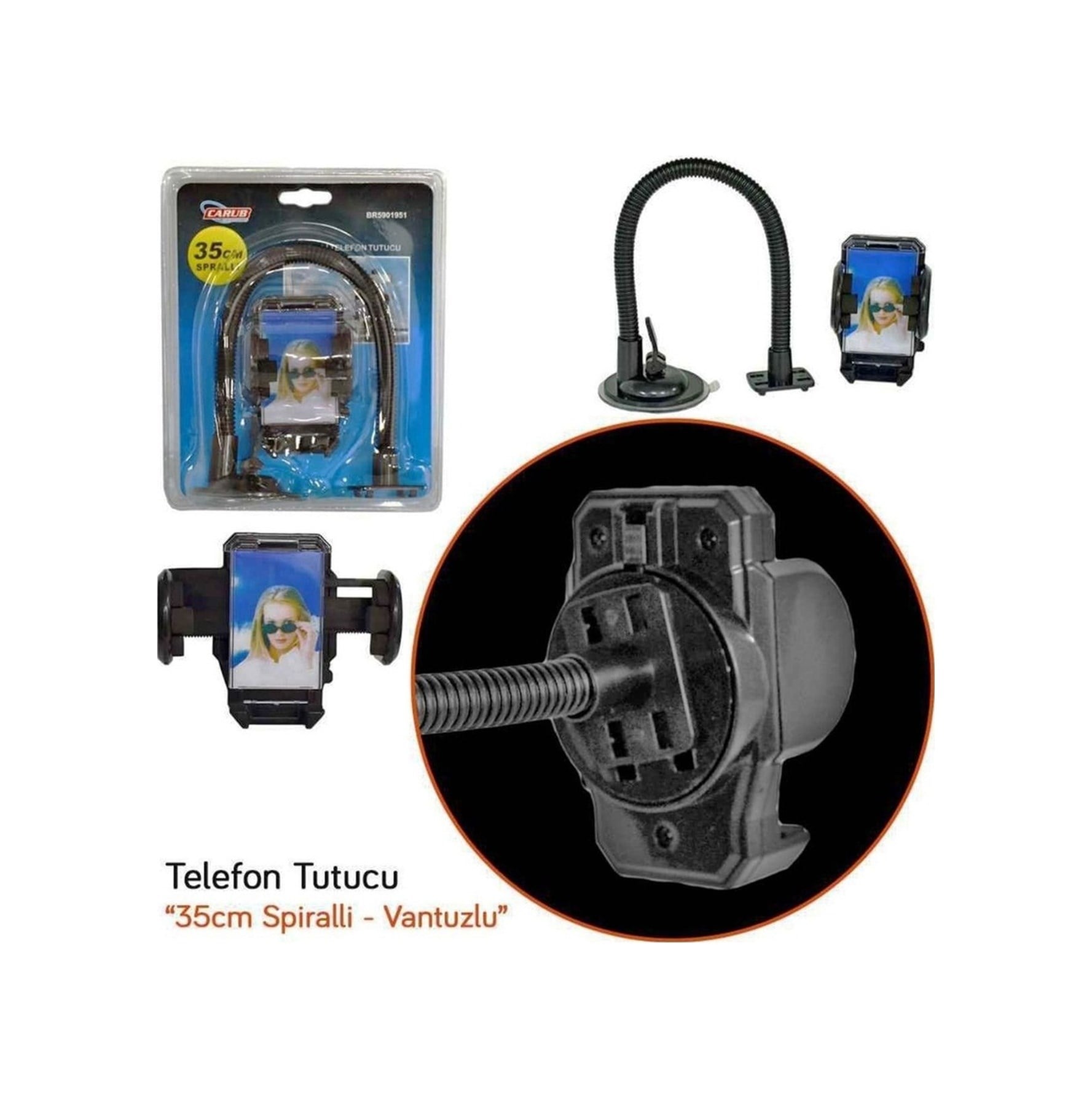 Telefon Tutucu 35cm Spralli Vantuzlu Vakum Siyah