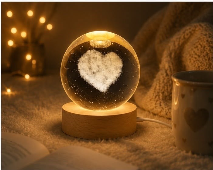 3D Kalp Kristal Küre LED Gece Lambası Ahşap Standlı USB Bağlantılı Dekoratif Masa Lambası