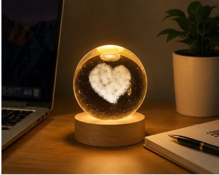 3D Kalp Kristal Küre LED Gece Lambası Ahşap Standlı USB Bağlantılı Dekoratif Masa Lambası