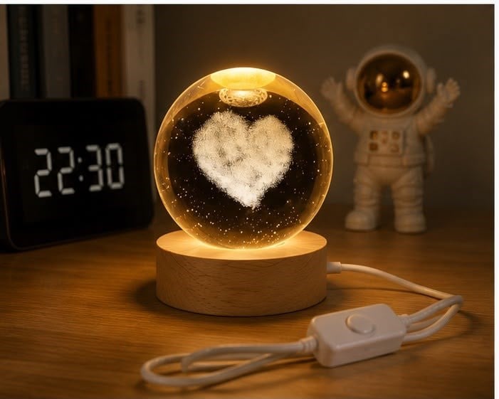 3D Kalp Kristal Küre LED Gece Lambası Ahşap Standlı USB Bağlantılı Dekoratif Masa Lambası