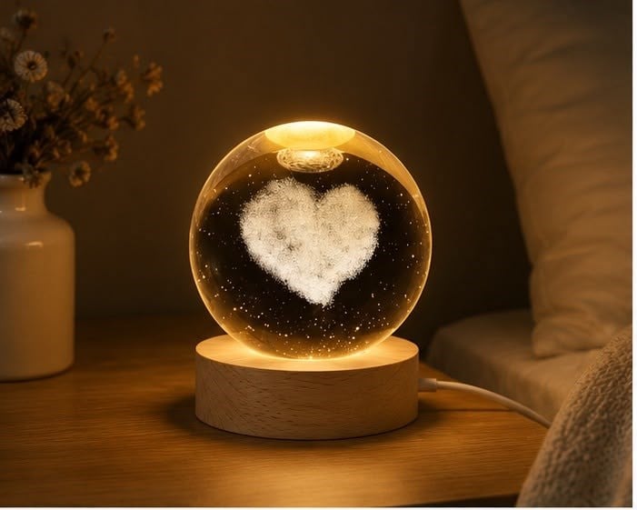 3D Kalp Kristal Küre LED Gece Lambası Ahşap Standlı USB Bağlantılı Dekoratif Masa Lambası