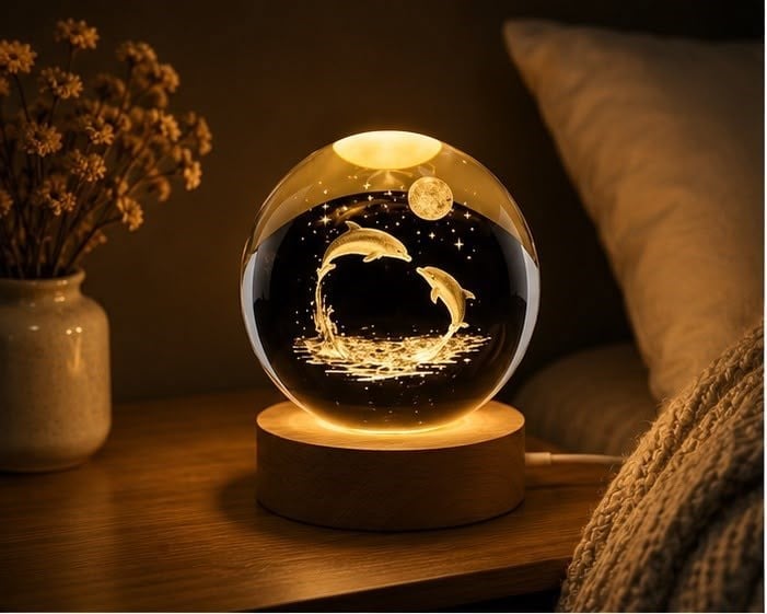 3D Yunus Figürlü Kristal Küre LED Gece Lambası Ahşap Standlı USB Dekoratif Masa Lambası