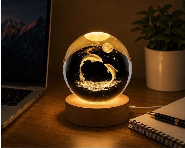 3D Yunus Figürlü Kristal Küre LED Gece Lambası Ahşap Standlı USB Dekoratif Masa Lambası