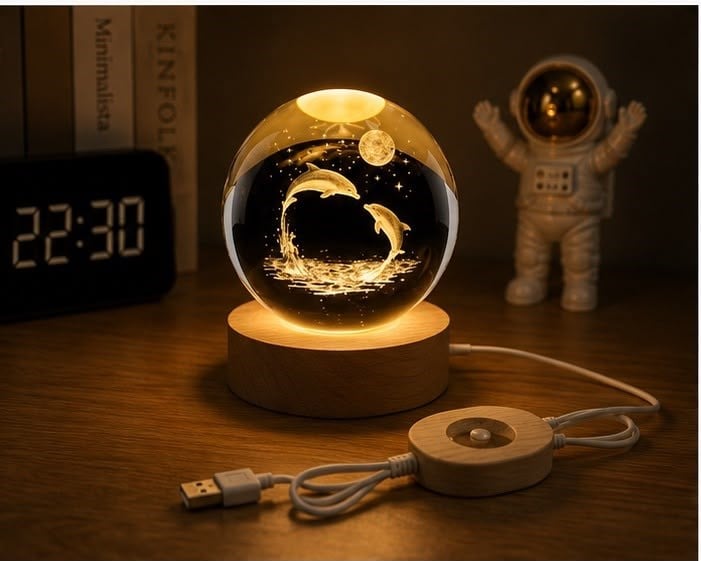 3D Yunus Figürlü Kristal Küre LED Gece Lambası Ahşap Standlı USB Dekoratif Masa Lambası