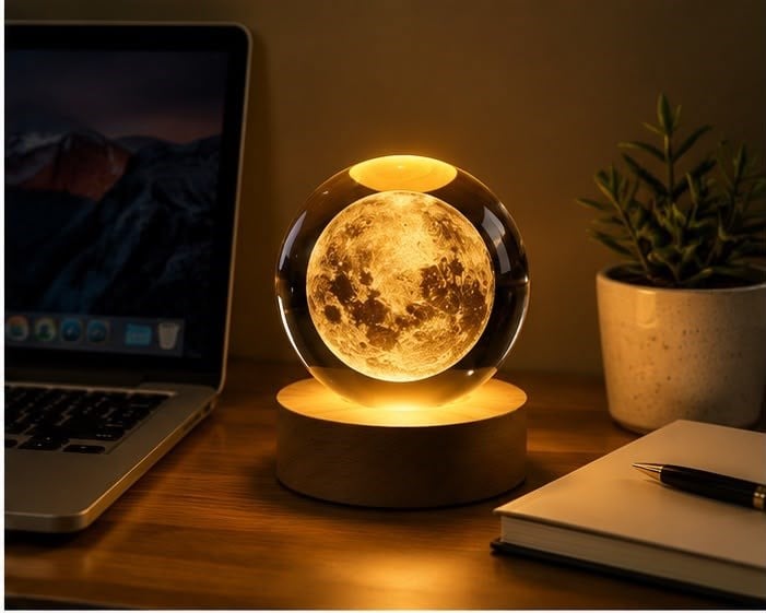 Ay Küre LED Gece Lambası Ahşap Standlı USB Bağlantılı Kristal Küre Dekoratif Masa Lambası