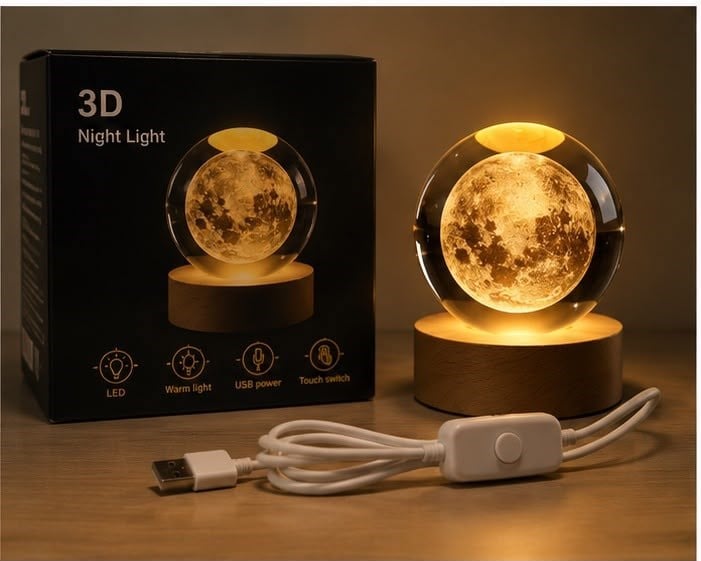 Ay Küre LED Gece Lambası Ahşap Standlı USB Bağlantılı Kristal Küre Dekoratif Masa Lambası