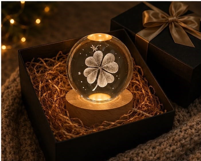 Dekoratif Yonca Görünümlü Işıklı Kristal Cam Küre USB LED Masa Gece Lambası Ahşap Standlı