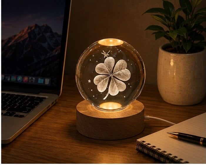 Dekoratif Yonca Görünümlü Işıklı Kristal Cam Küre USB LED Masa Gece Lambası Ahşap Standlı