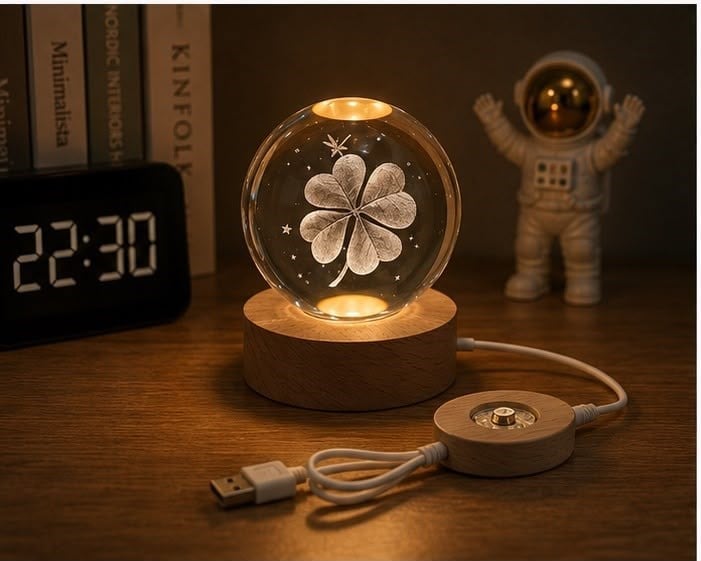 Dekoratif Yonca Görünümlü Işıklı Kristal Cam Küre USB LED Masa Gece Lambası Ahşap Standlı