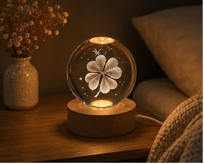 Dekoratif Yonca Görünümlü Işıklı Kristal Cam Küre USB LED Masa Gece Lambası Ahşap Standlı
