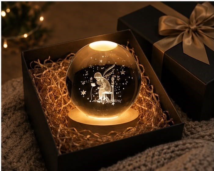 Küçük Prens Işıklı Kristal Küre Lamba Ahşap Tabanlı Büyük Boy USB LED Dekoratif Gece Lambası