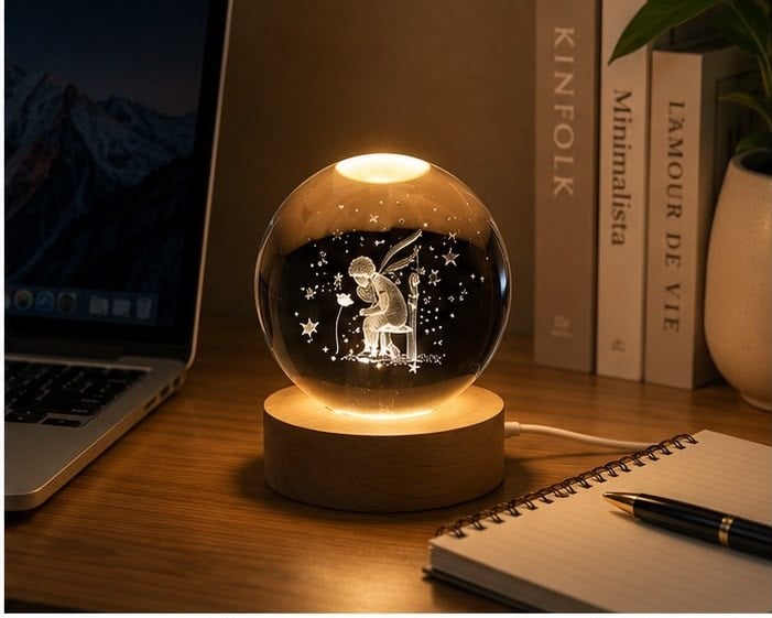 Küçük Prens Işıklı Kristal Küre Lamba Ahşap Tabanlı Büyük Boy USB LED Dekoratif Gece Lambası