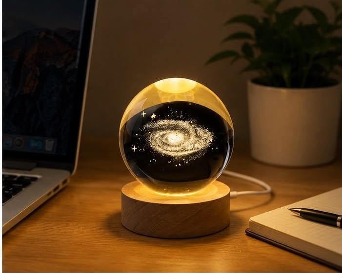 Samanyolu Desenli Kristal Küre Ahşap Standlı Gün Işığı LED Masa Lambası