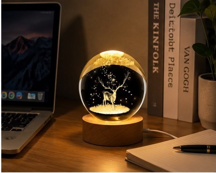USB Bağlantılı Geyik Temalı Kristal Küre Premium LED Masa Gece Lambası Ahşap Standlı Dekoratif Lamba