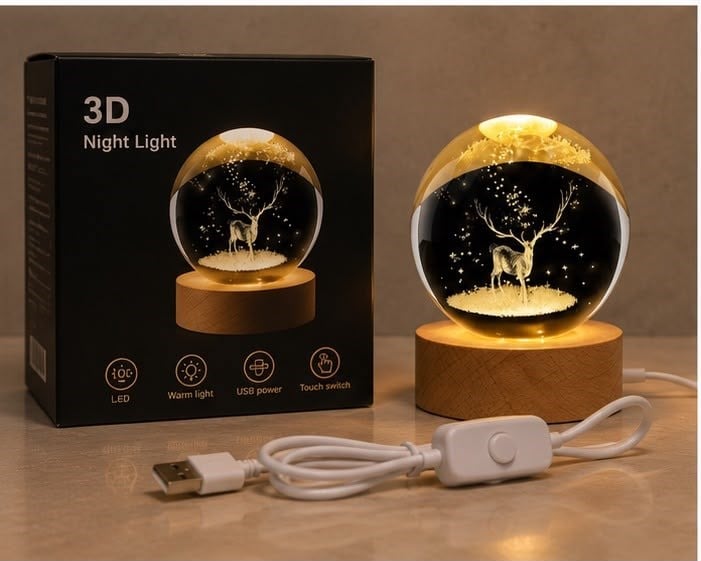 USB Bağlantılı Geyik Temalı Kristal Küre Premium LED Masa Gece Lambası Ahşap Standlı Dekoratif Lamba