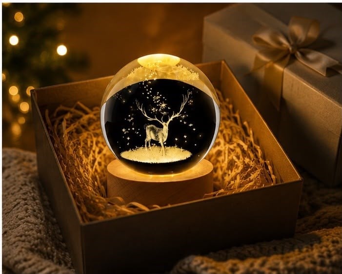 USB Bağlantılı Geyik Temalı Kristal Küre Premium LED Masa Gece Lambası Ahşap Standlı Dekoratif Lamba