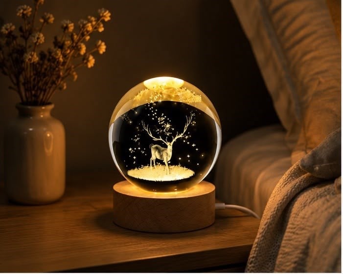USB Bağlantılı Geyik Temalı Kristal Küre Premium LED Masa Gece Lambası Ahşap Standlı Dekoratif Lamba